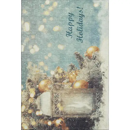 Blue Gold And Ivory Christmas Distressed Washable Area Rug With UV Protection Photo 2