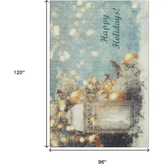 Blue Gold And Ivory Christmas Distressed Washable Area Rug With UV Protection Photo 3