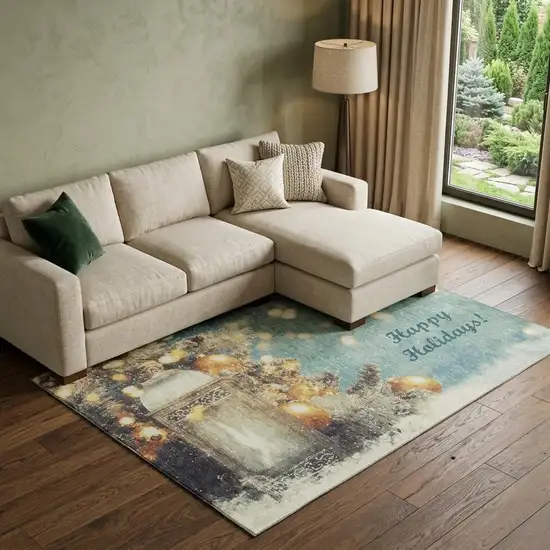 Blue Gold And Ivory Christmas Distressed Washable Area Rug With UV Protection Photo 1