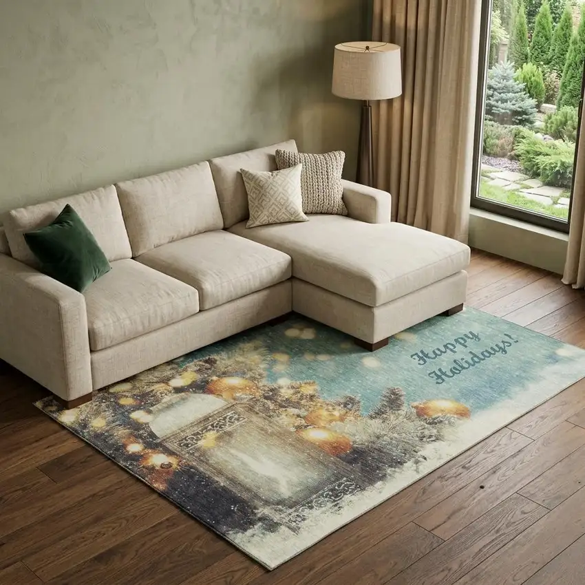 Blue Gold And Ivory Christmas Distressed Washable Area Rug With UV Protection Photo 1