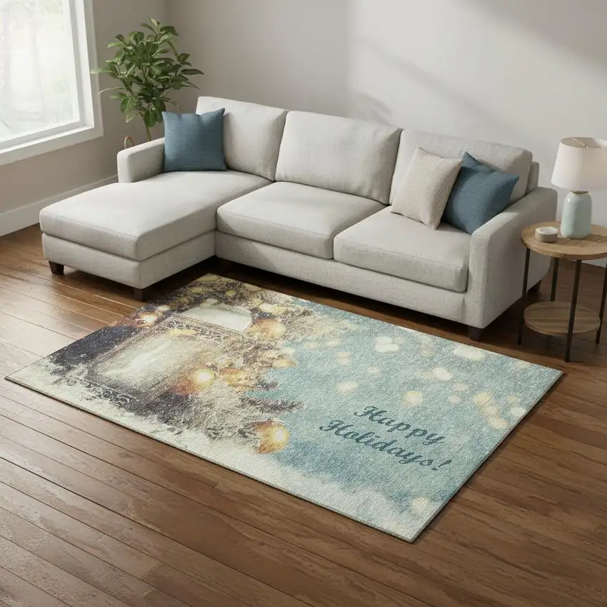 Blue Gold And Ivory Geometric Washable Area Rug With UV Protection Photo 1