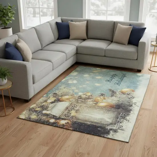 Blue Gold And Ivory Geometric Washable Area Rug With UV Protection Photo 1