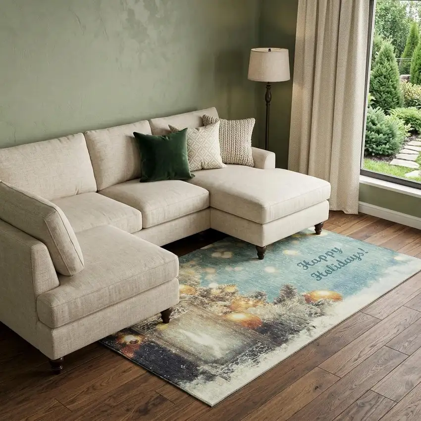 Blue Gold And Ivory Christmas Distressed Washable Area Rug With UV Protection Photo 1