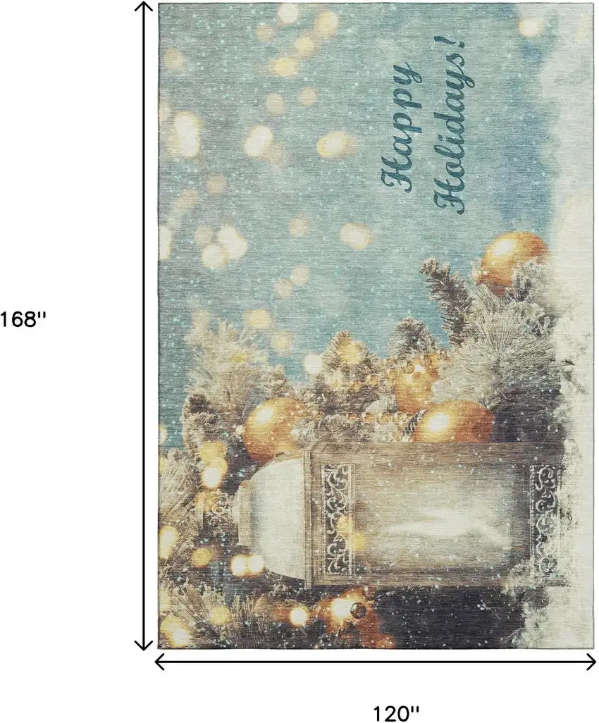 Blue Gold And Ivory Christmas Distressed Washable Area Rug With UV Protection Photo 3