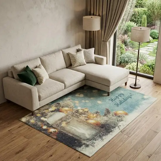 Blue Gold And Ivory Christmas Distressed Washable Area Rug With UV Protection Photo 1