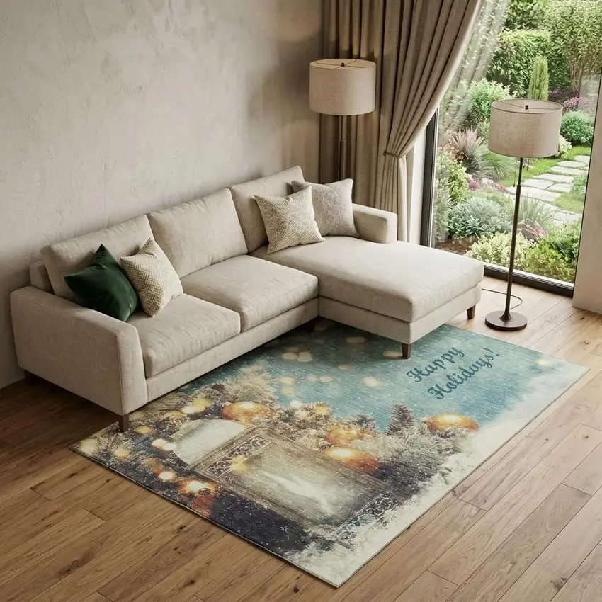 Blue Gold And Ivory Christmas Distressed Washable Area Rug With UV Protection Photo 1