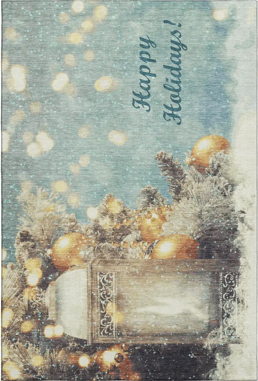 Blue Gold And Ivory Christmas Distressed Washable Area Rug With UV Protection Photo 2