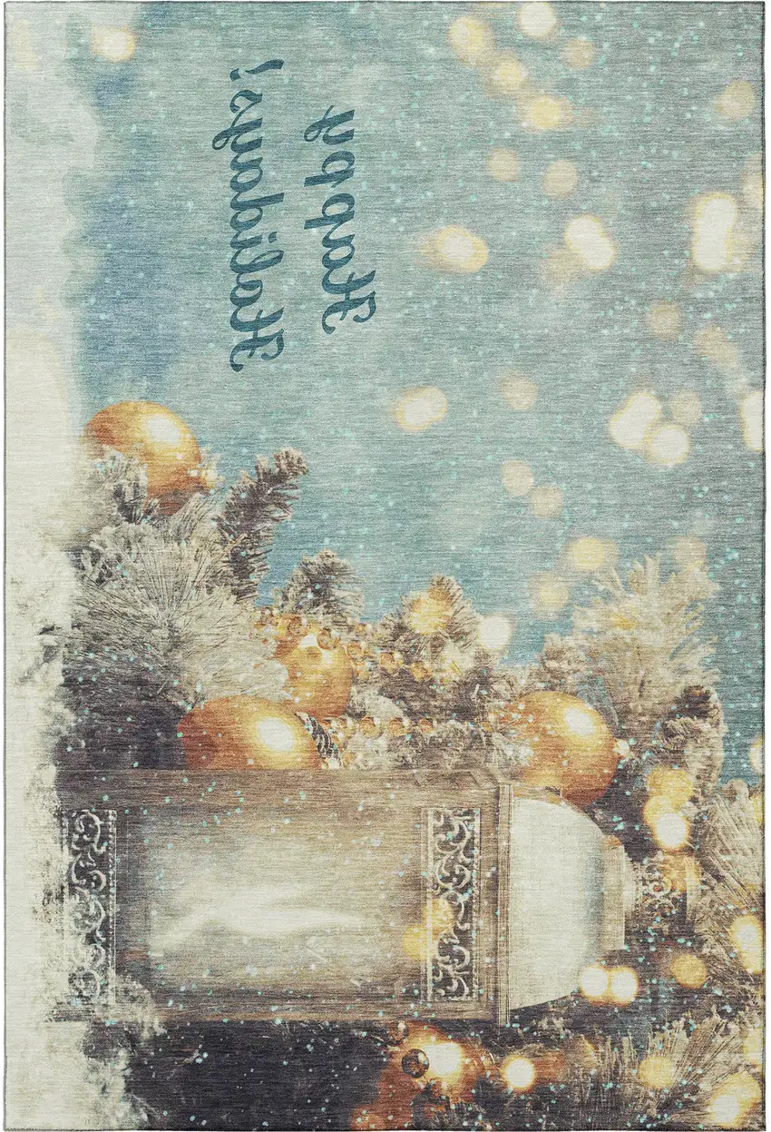 Blue Gold And Ivory Geometric Washable Area Rug With UV Protection Photo 4