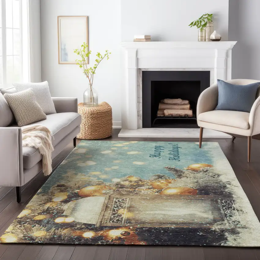 Blue Gold And Ivory Christmas Distressed Washable Area Rug With UV Protection Photo 5