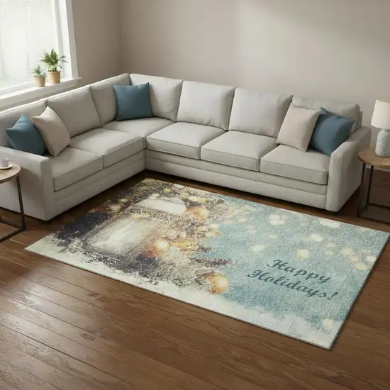 Blue Gold And Ivory Geometric Washable Area Rug With UV Protection Photo 1