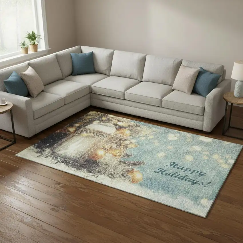 Blue Gold And Ivory Geometric Washable Area Rug With UV Protection Photo 1
