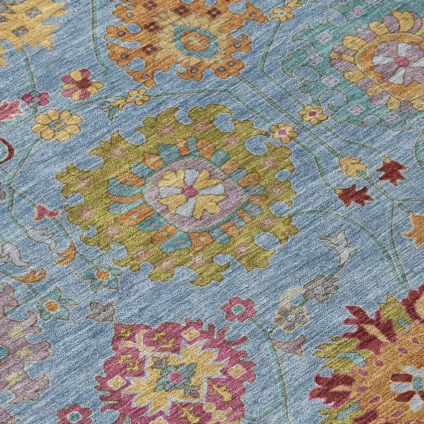 Blue Gold And Pink Damask Washable Indoor Outdoor Area Rug Photo 6