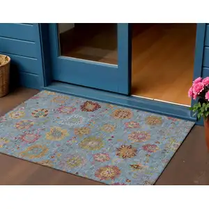 Photo of Blue Gold And Pink Damask Washable Indoor Outdoor Area Rug