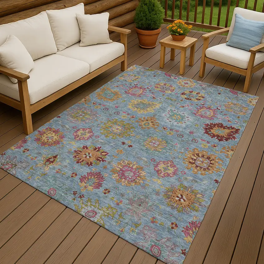 Blue Gold And Pink Damask Washable Indoor Outdoor Area Rug Photo 9