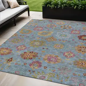 Photo of Blue Gold And Pink Damask Washable Indoor Outdoor Area Rug