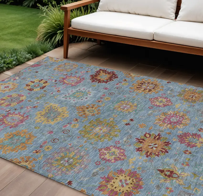 Blue Gold And Pink Damask Washable Indoor Outdoor Area Rug Photo 1