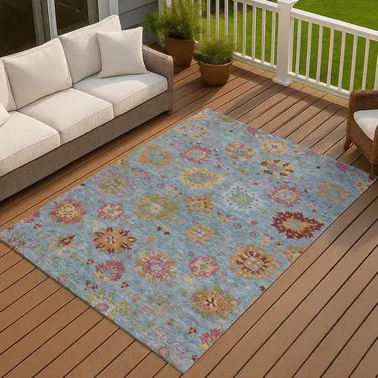 Blue Gold And Pink Damask Washable Indoor Outdoor Area Rug Photo 7