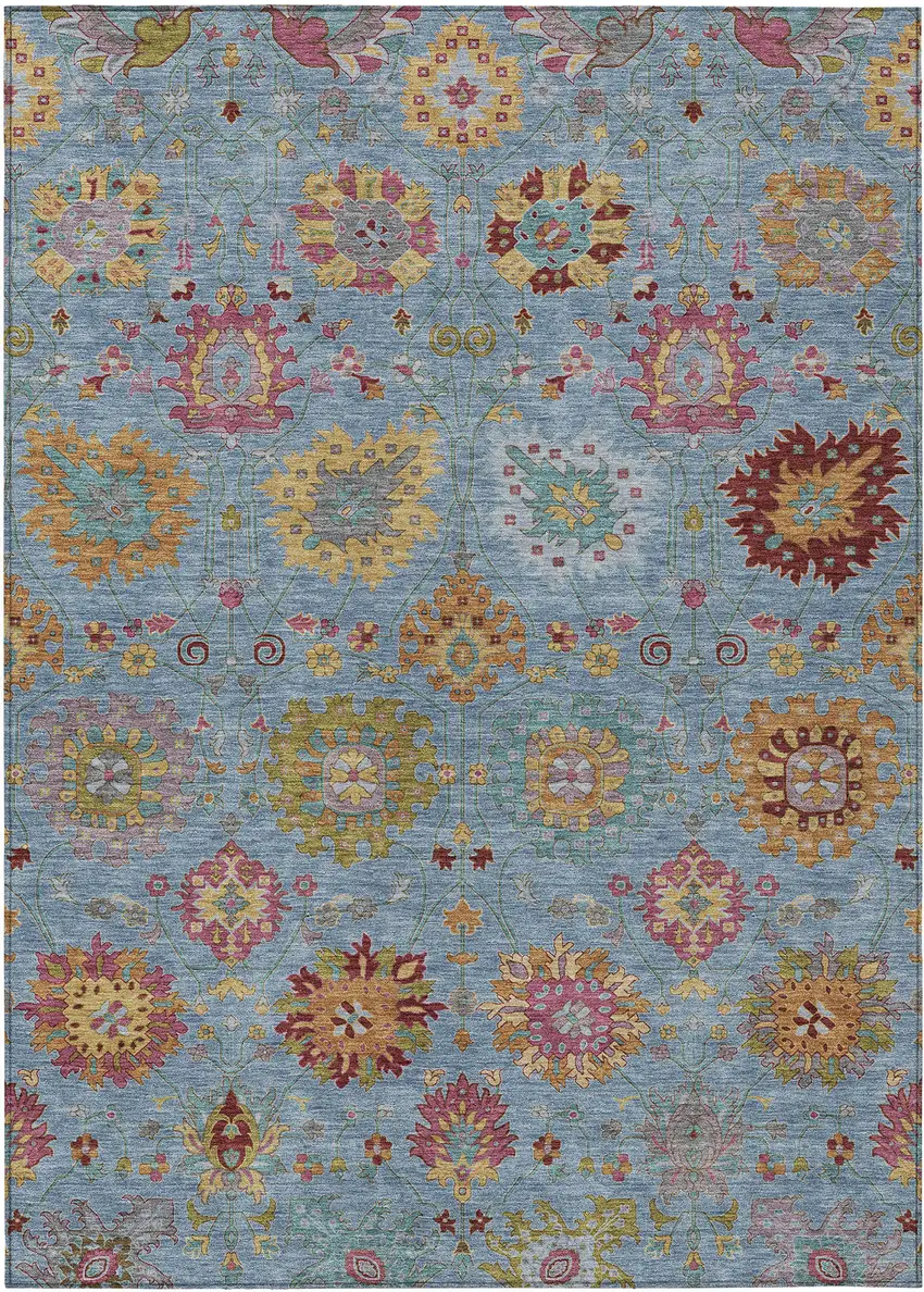 Blue Gold And Pink Damask Washable Indoor Outdoor Area Rug Photo 2