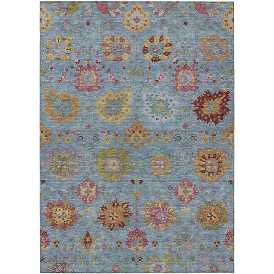 Blue Gold And Pink Damask Washable Indoor Outdoor Area Rug Photo 2