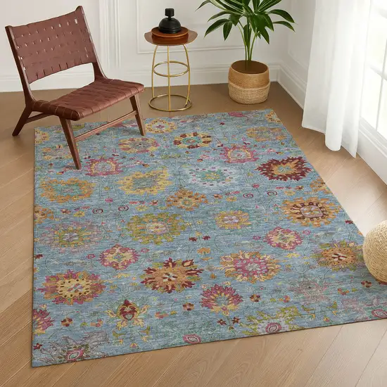 Blue Gold And Pink Damask Washable Indoor Outdoor Area Rug Photo 9