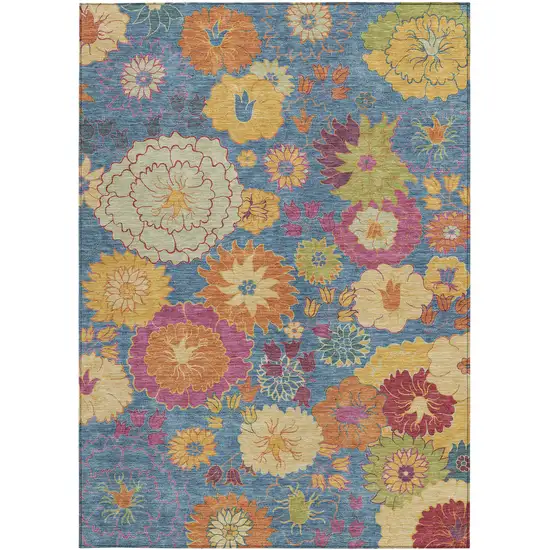 Blue Gold And Pink Floral Washable Indoor Outdoor Area Rug Photo 4