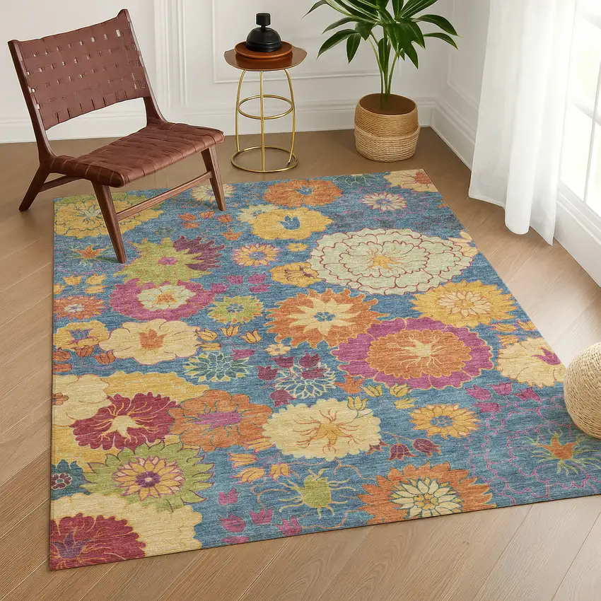 Blue Gold And Pink Floral Washable Indoor Outdoor Area Rug Photo 9