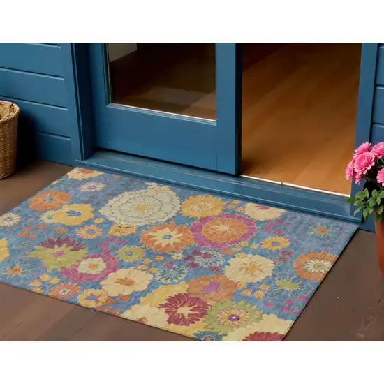 Blue Gold And Pink Floral Washable Indoor Outdoor Area Rug Photo 1