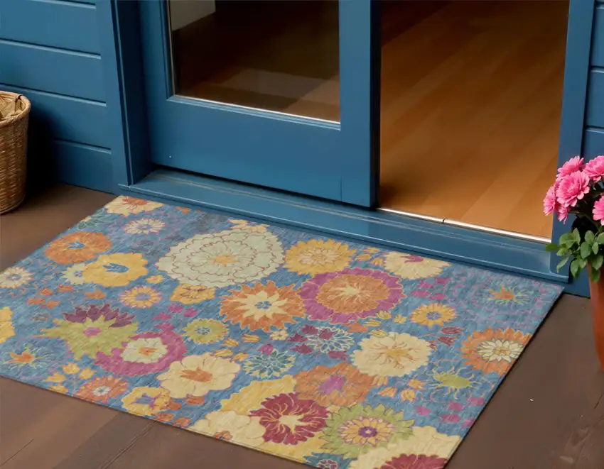Blue Gold And Pink Floral Washable Indoor Outdoor Area Rug Photo 1