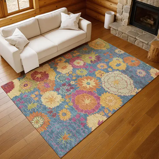 Blue Gold And Pink Floral Washable Indoor Outdoor Area Rug Photo 9