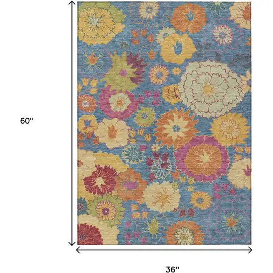 Blue Gold And Pink Floral Washable Indoor Outdoor Area Rug Photo 3