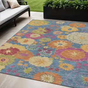 Photo of Blue Gold And Pink Floral Washable Indoor Outdoor Area Rug