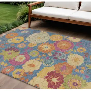 Photo of Blue Gold And Pink Floral Washable Indoor Outdoor Area Rug