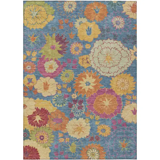 Blue Gold And Pink Floral Washable Indoor Outdoor Area Rug Photo 2