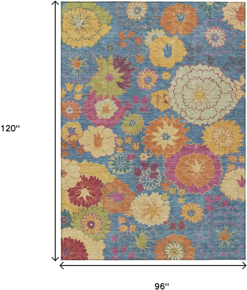 Blue Gold And Pink Floral Washable Indoor Outdoor Area Rug Photo 3