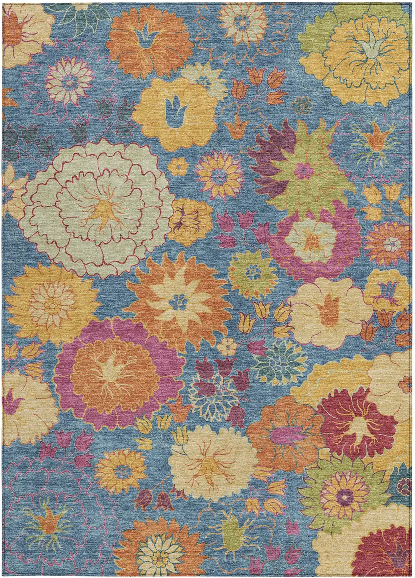 Blue Gold And Pink Floral Washable Indoor Outdoor Area Rug Photo 4