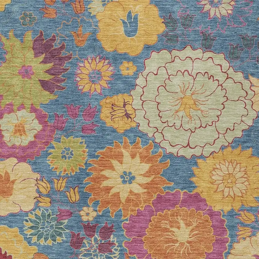 Blue Gold And Pink Floral Washable Indoor Outdoor Area Rug Photo 8