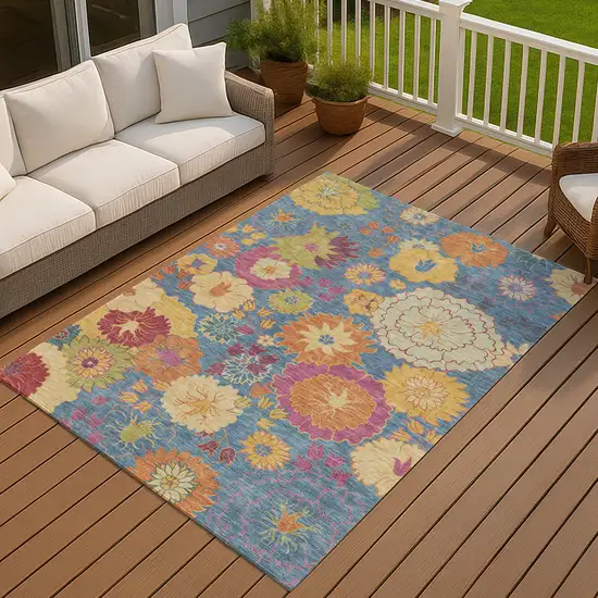 Blue Gold And Pink Floral Washable Indoor Outdoor Area Rug Photo 9