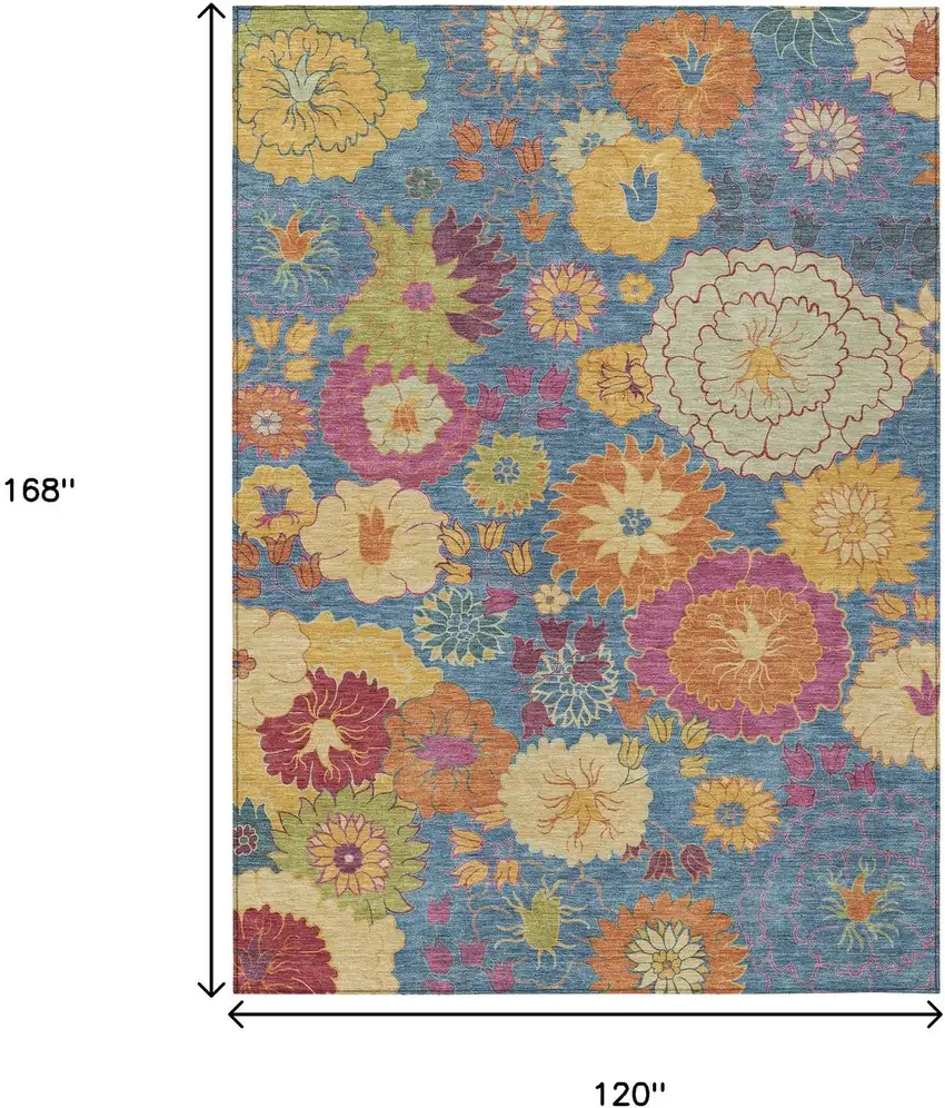 Blue Gold And Pink Floral Washable Indoor Outdoor Area Rug Photo 3