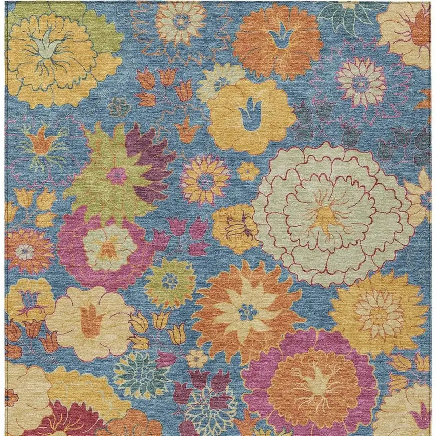 Blue Gold And Pink Floral Washable Indoor Outdoor Area Rug Photo 4