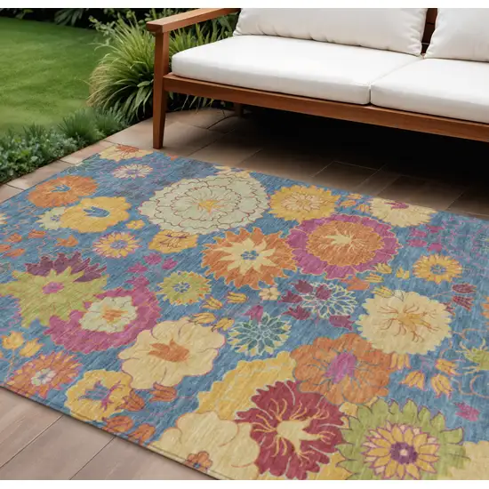 Blue Gold And Pink Floral Washable Indoor Outdoor Area Rug Photo 1