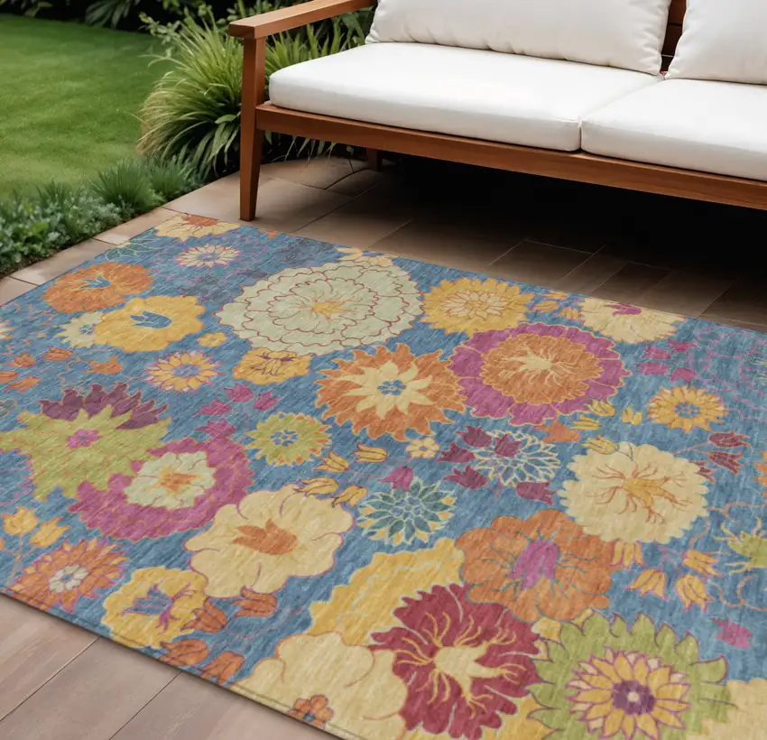 Blue Gold And Pink Floral Washable Indoor Outdoor Area Rug Photo 1