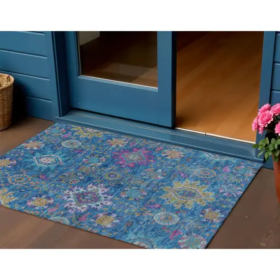 Blue Gold And Pink Medallion Washable Indoor Outdoor Area Rug Photo 2