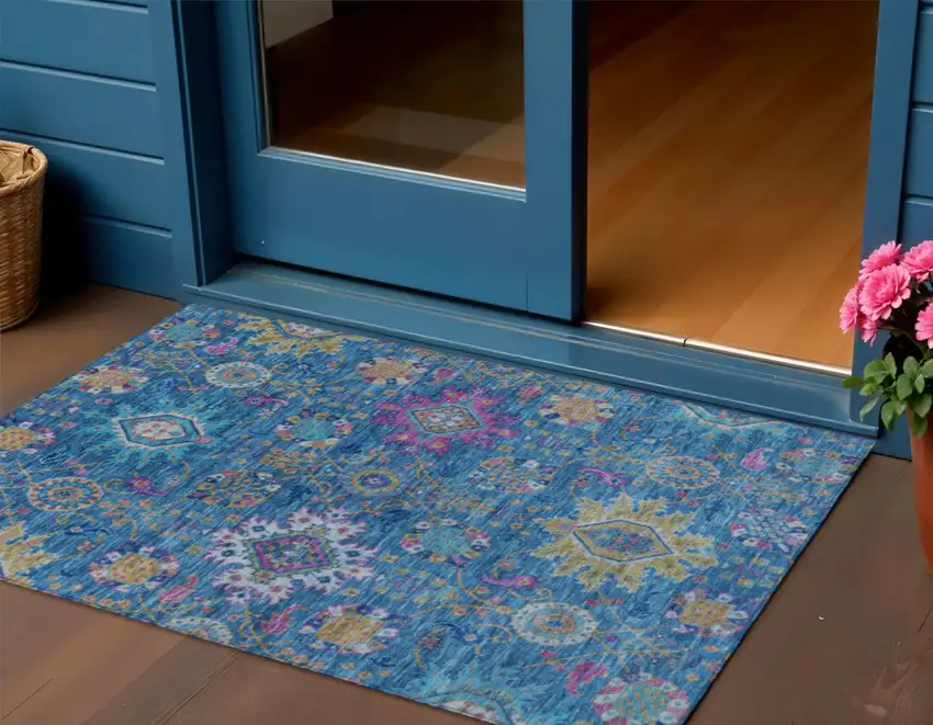 Blue Gold And Pink Medallion Washable Indoor Outdoor Area Rug Photo 2