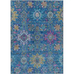 Photo of Blue Gold And Pink Medallion Washable Indoor Outdoor Area Rug