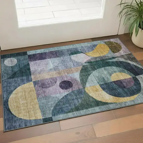 Blue Gold And Purple Abstract Geometric Washable Area Rug With UV Protection Photo 2