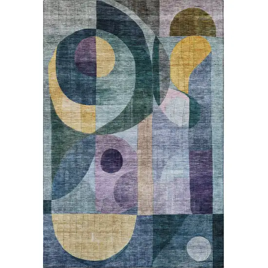 Blue Gold And Purple Abstract Geometric Washable Area Rug With UV Protection Photo 3