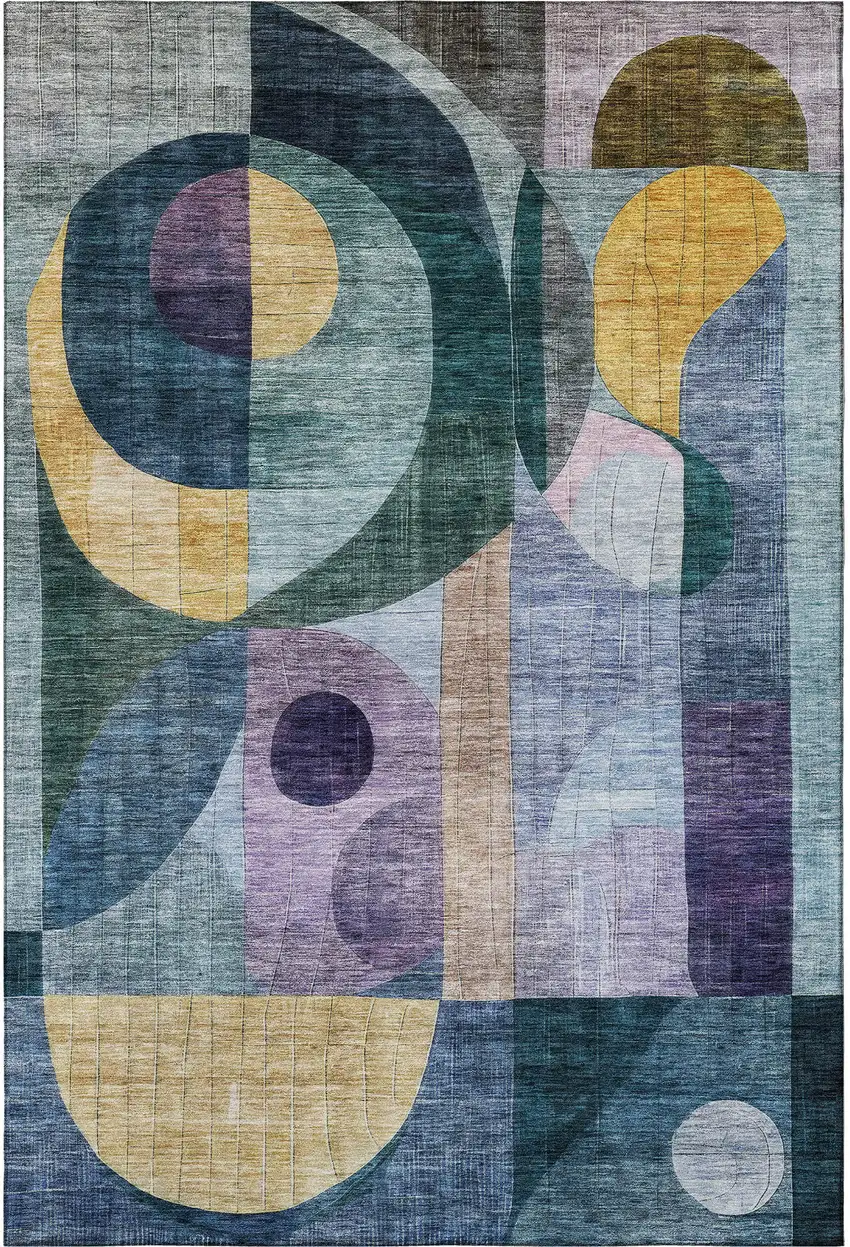 Blue Gold And Purple Abstract Geometric Washable Area Rug With UV Protection Photo 3