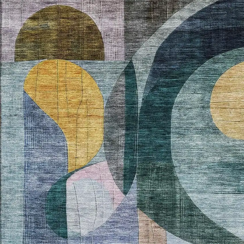 Blue Gold And Purple Abstract Geometric Washable Area Rug With UV Protection Photo 2