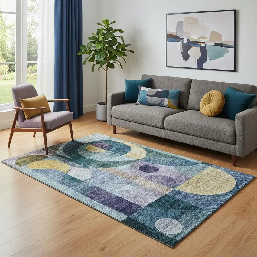 Blue Gold And Purple Abstract Geometric Washable Area Rug With UV Protection Photo 2