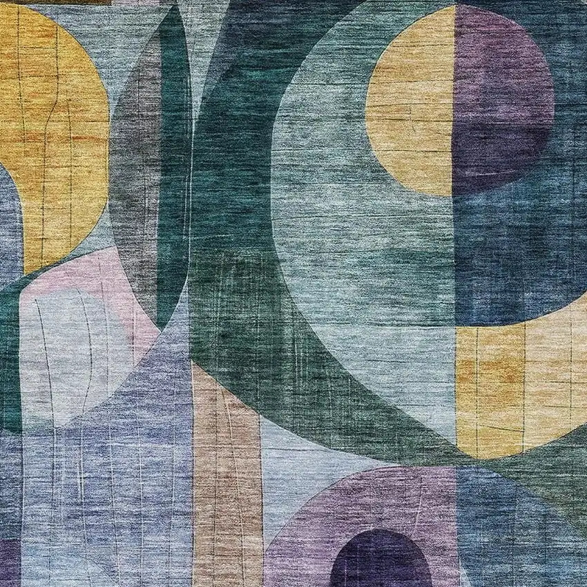 Blue Gold And Purple Abstract Geometric Washable Area Rug With UV Protection Photo 2